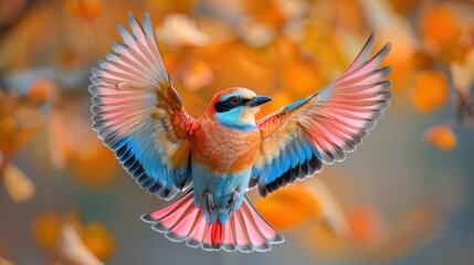 Obraz premium Vibrant Bird with Majestic Tail Soaring Through the Sky