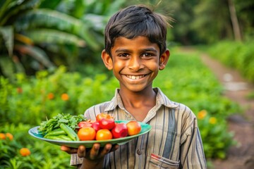 A young boy is holding a plate of vegetables and fruit, smiling brightly