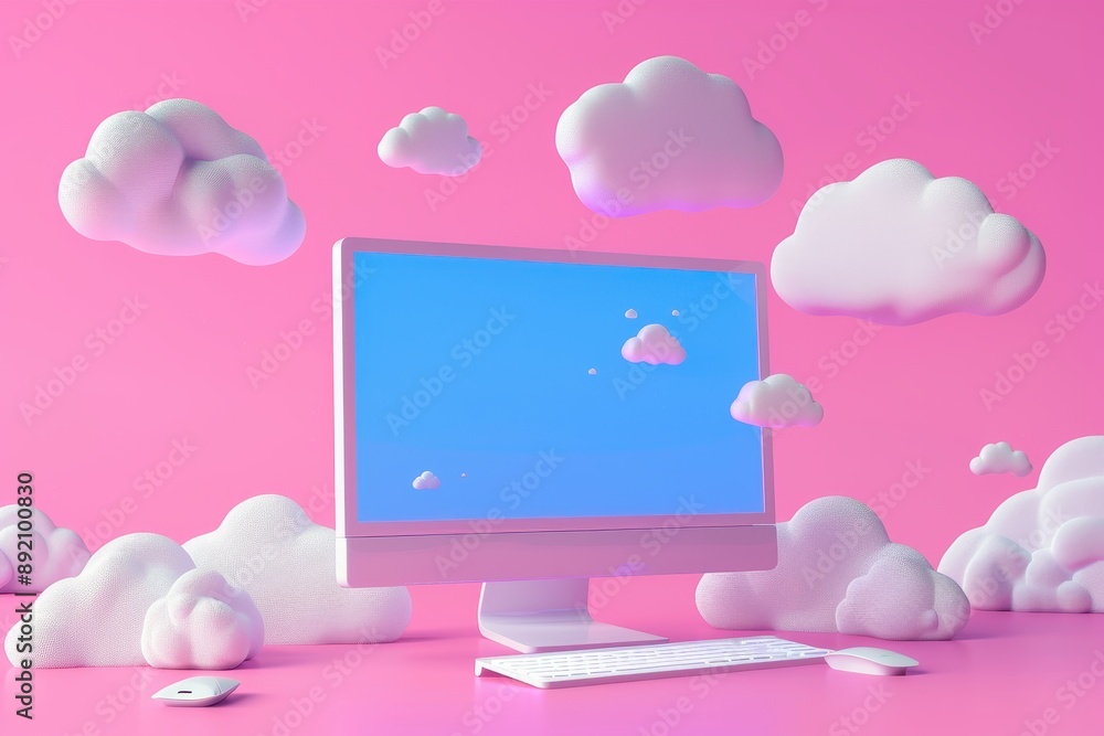 Poster a computer monitor with a cloud on the screen