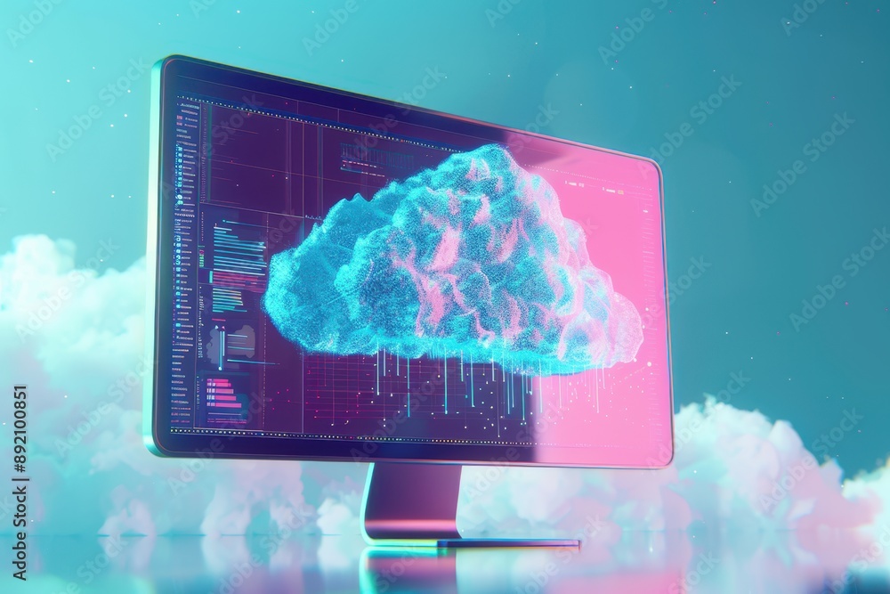 Poster a computer monitor with a cloud on the screen