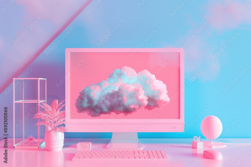 Poster a computer monitor sits on a desk in front of a large cloud