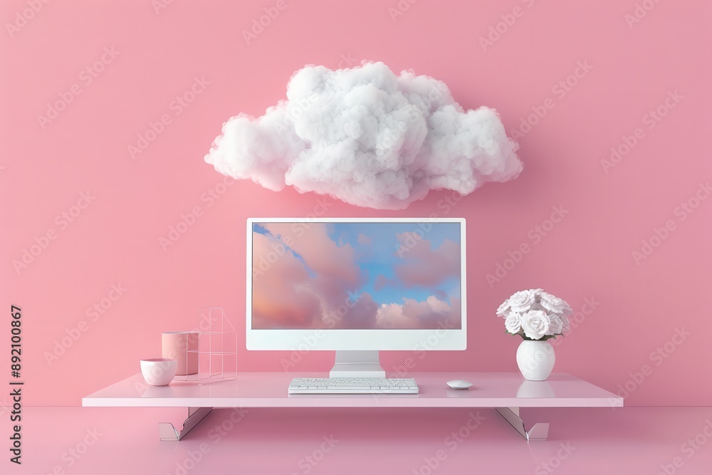 Poster a computer monitor sits on a desk in front of a large cloud