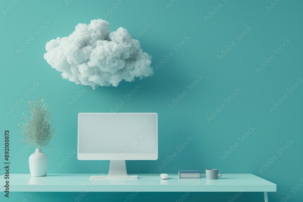 Poster a computer monitor sits on a desk in front of a large cloud