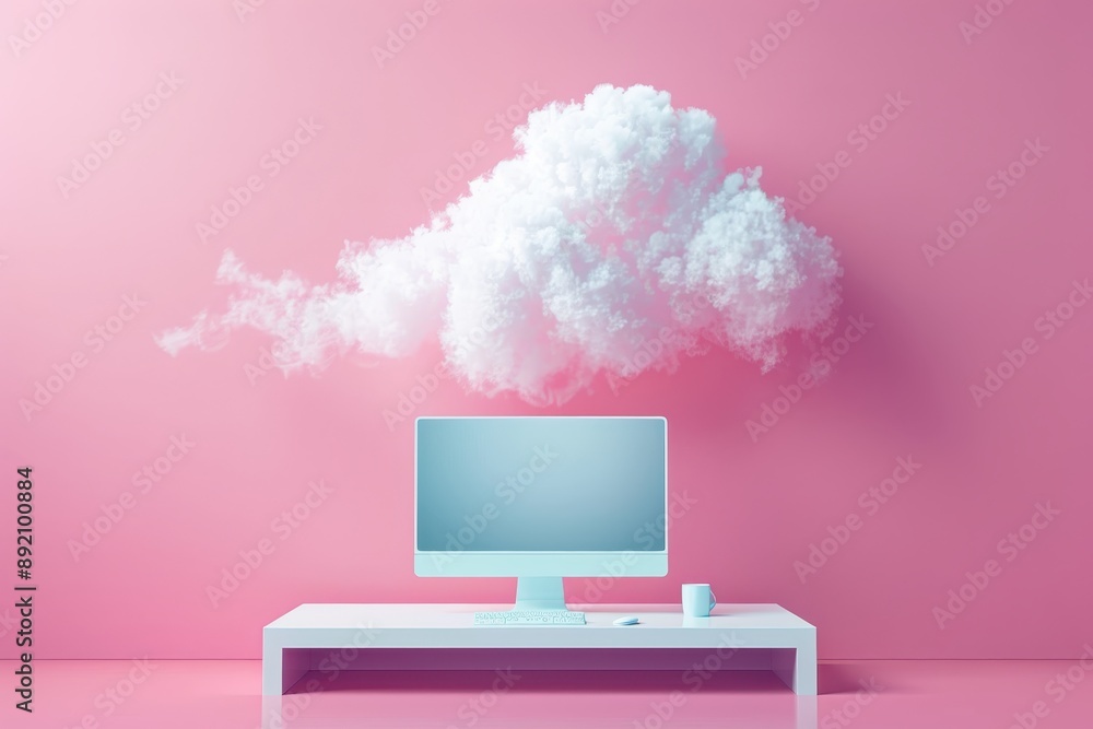 Poster a computer monitor sits on a desk in front of a large cloud