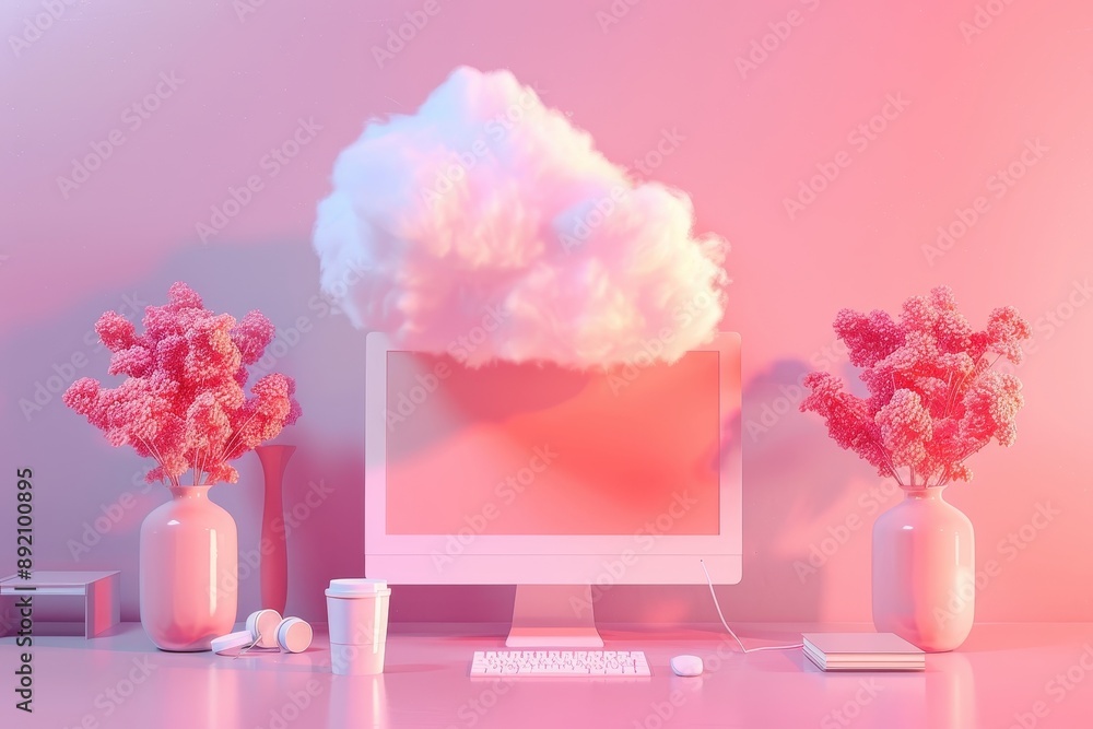 Poster a computer monitor sits on a desk in front of a large cloud