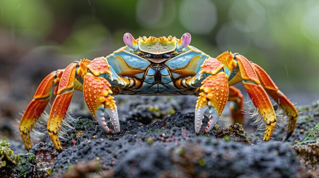 Vibrant Sally Lightfoot Crab on Mossy Rock at Bachas Beach, Galapagos Islands, Ecuador
