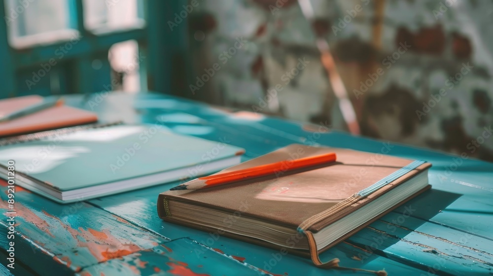 Poster pencil and bookmarks on table with notebook