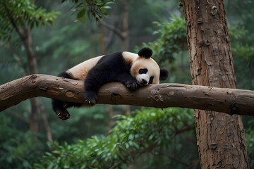 Lazy Panda Bear Sleeping on a Tree Branch, China Wildlife. Bifengxia nature reserve, Sichuan Province.