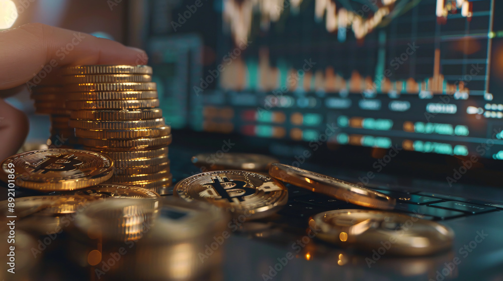 Aufkleber stacks of bitcoin and other cryptocurrencies with a digital chart in the background on a laptop comp