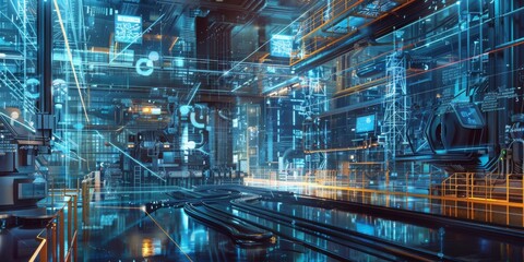 Obraz premium Industrial 4.0 Integration: Seamless Digital Interconnection of Mechanical Equipment and Smart Interfaces for Advanced Automation