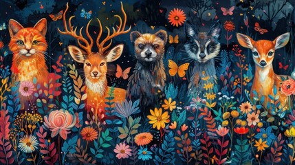 Obraz premium Wildlife and Nature: A Colorful and Detailed Image of Various Animals and Plants Including Bird, Fish, Deer, Cat, Dog, and Bear