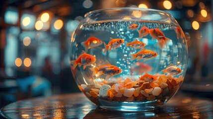 Colorful Freshwater Fish and Snails in Small Home Aquarium on Wooden Table