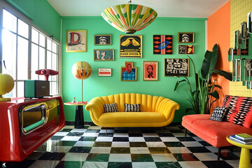 Vibrant retro living room with eclectic art gallery wall, yellow shell sofa, colorful decor, and checkerboard floor, showcasing pop art and mid-century modern design elements