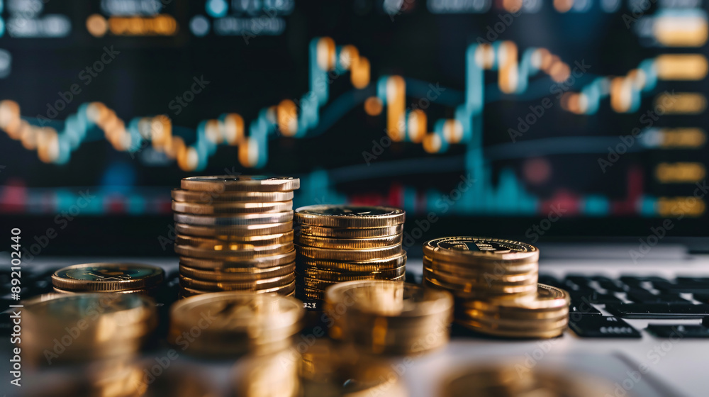 Poster stacks of bitcoin and other cryptocurrencies with a digital chart in the background on a laptop comp