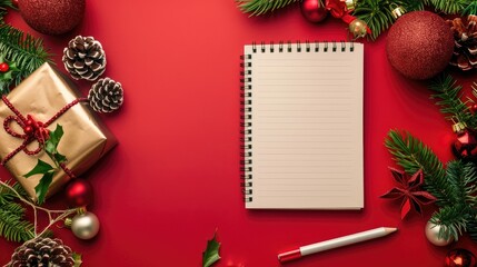 Christmas themed Notepad on Red Table with Festive Decorations Background with Copy Space for Holiday Advertisement Top down View Concept for Festive To Do List
