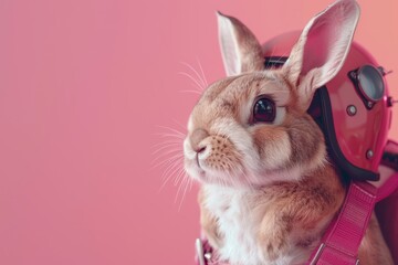 A rabbit wearing a pink helmet is standing in front of a pink background