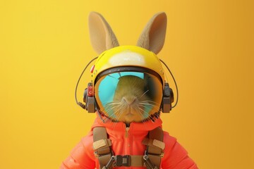 rabbit wearing a helmet and goggles is looking at the camera