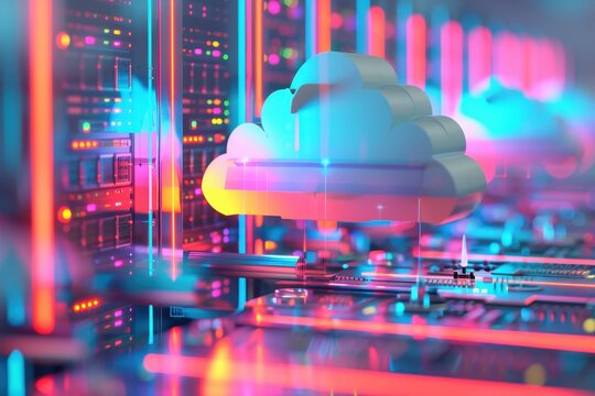 computer server room with a large cloud on the wall