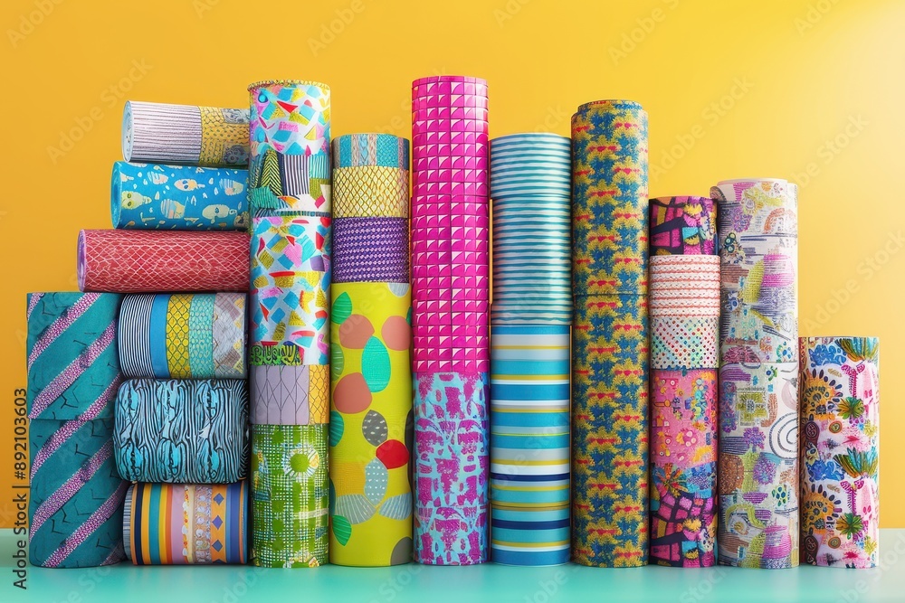Aufkleber a stack of colorful rolls of fabric with a yellow background
