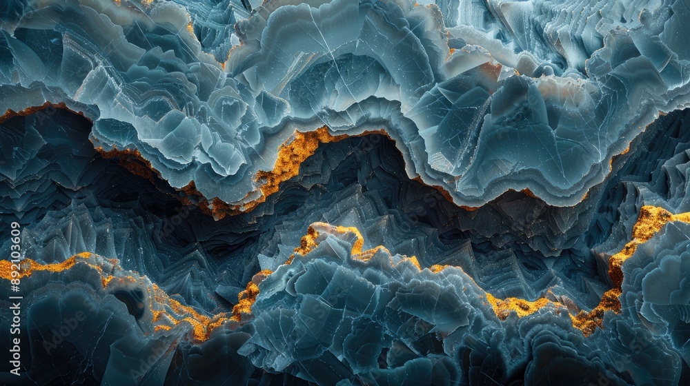 Poster abstract close-up of intricate blue and gold mineral texture creating captivating organic patterns, 