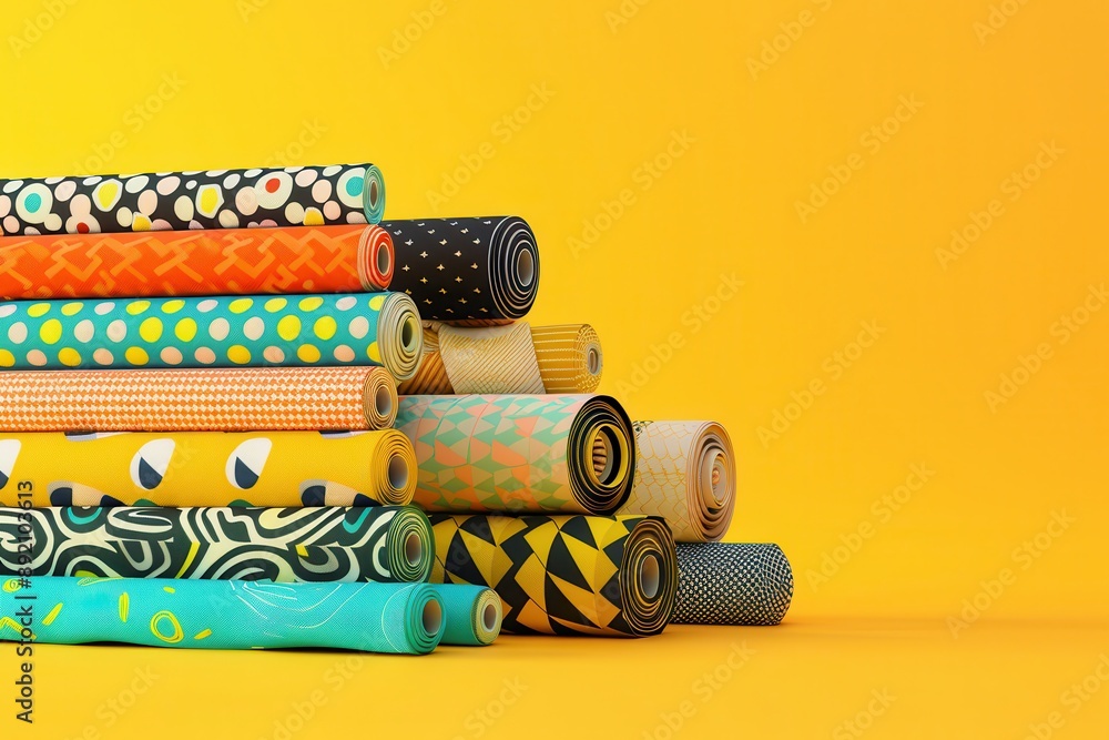 Aufkleber a stack of colorful rolls of fabric with a yellow background