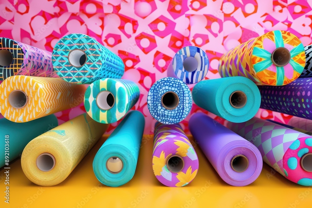 Poster a stack of colorful rolls of fabric with a yellow background