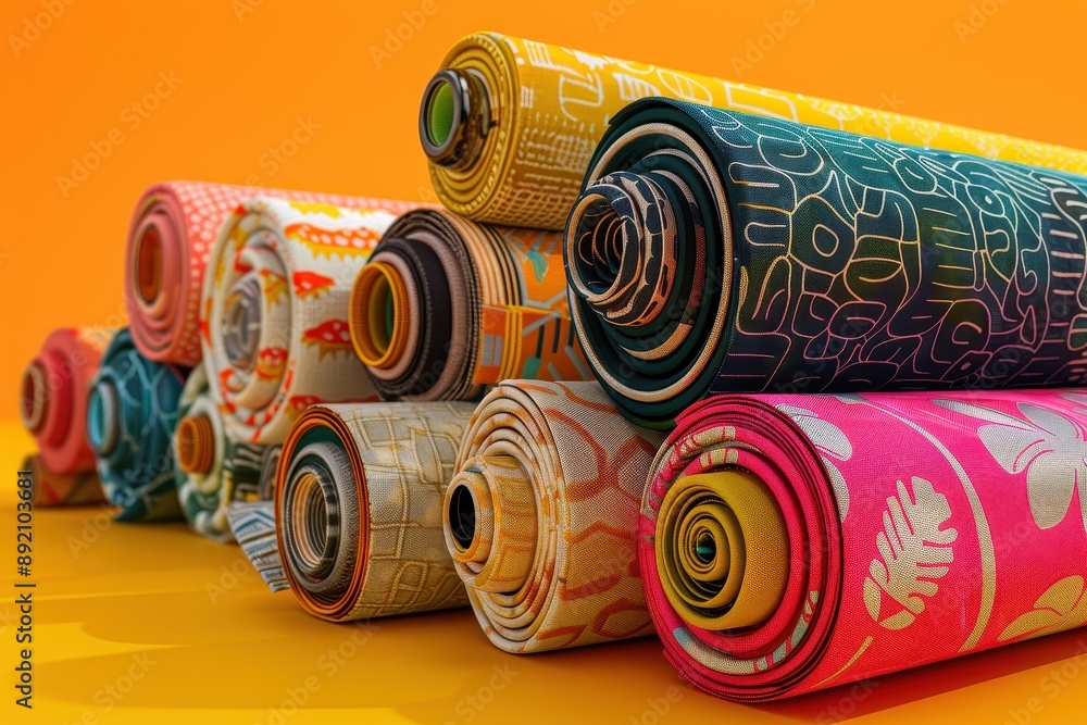 Poster a stack of colorful rolls of fabric with a yellow background