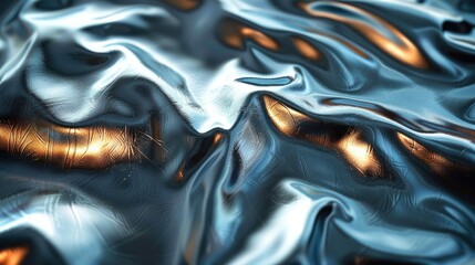Abstract close-up of flowing metallic fabric with glossy texture and highlighted areas. Ideal for backgrounds or artistic concepts.