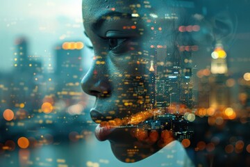 Double exposure portrait of a woman with a city skyline overlay. The image suggests urban life, connection, and dreams.