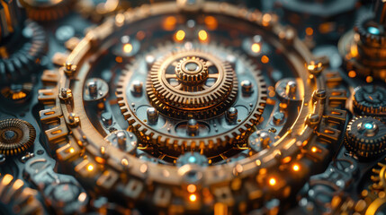 A close up of a large, intricate clock with many gears. The clock is made of metal and has a shiny, metallic appearance. The gears are all different sizes and are arranged in a circular pattern