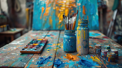 A table with a blue jar of paint and a blue palette with a bunch of paint brushes. Scene is that of a messy and creative workspace