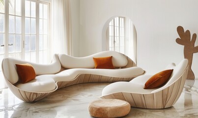 A white wooden curved sofa with an armchair in the middle of it, set against a bright window. 