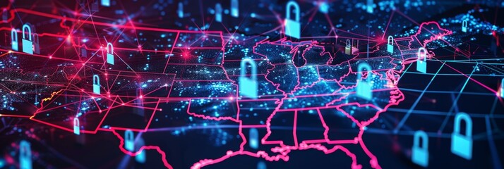Obraz premium Secured Grid of American Cybersecurity: A Digital Map of the United States with Locks Highlighting Fortified Communication Nodes and Resilient Network Security