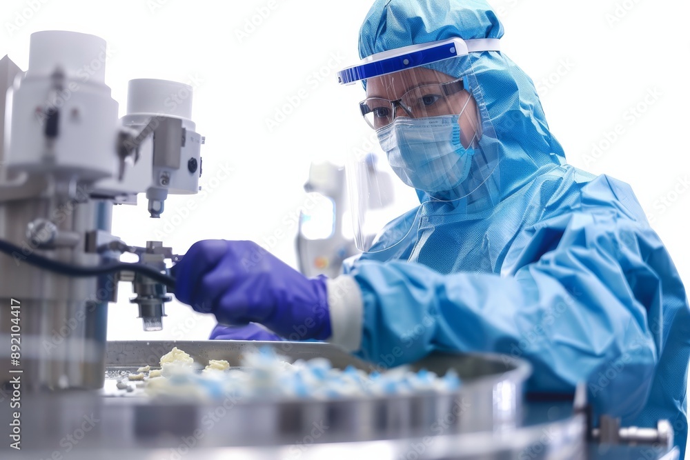 Poster employee in protective gear checking food quality in a factory isolated on white background