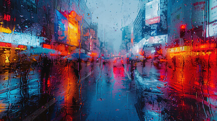 Fototapeta premium A city street with rain and reflections of lights on the wet pavement. Scene is somewhat melancholic and contemplative