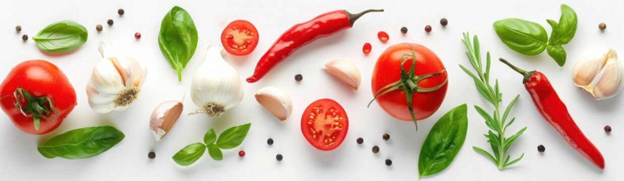Isolated background with fresh vegetables and herbs, including tomatoes and pappers
