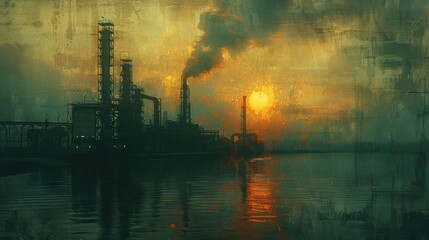 Industrial factory with smoke stacks and a sunset, reflecting on the water, showcasing pollution and industrial impact on the environment.