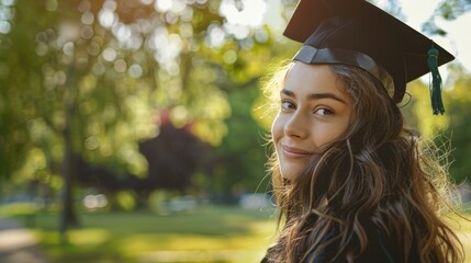 Female graduate looking into distance with green park setting and ample copy space