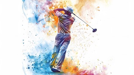 golfers watercolor swing dynamic vertical poster of golf player in action sports illustration.