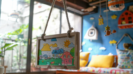 A picture of a house with a sign hanging from the ceiling