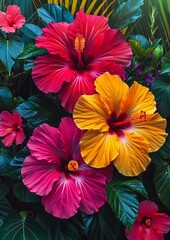 yellow and red flower and leaves tropical flower in spring season isolated in green leaves background with watercolor style hand painting for summer design element greetings card 