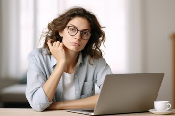 Focused young woman working on a laptop with a serious look Isolated on white background