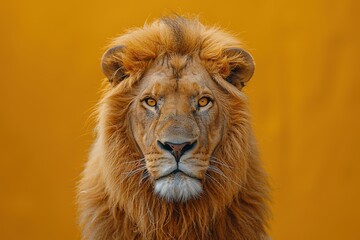 Fototapeta premium A lion with a golden mane stands in front of a yellow background