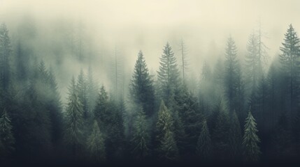 Foggy fir forest, hipster vintage style, muted tones, soft lighting, plenty of copy space