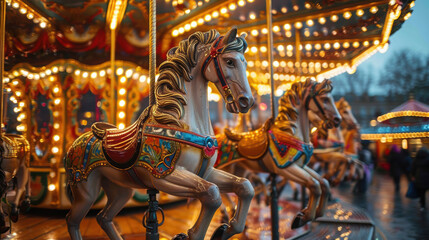 A merry-go-round with horses on it. The horses are all different colors and sizes
