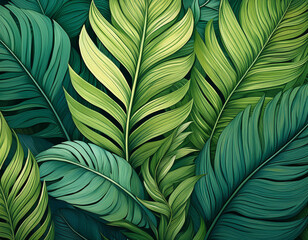 Seamless Pattern of Tropical Leaves in Various Shades of Green