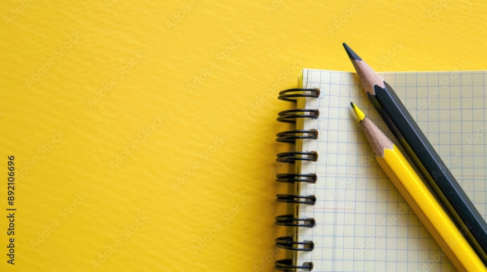Poster notebook and pencil on yellow background for writing and creating ideas