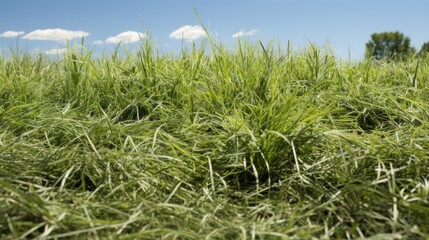 Freshly mowed grass with dollar bills growing in bright daylight