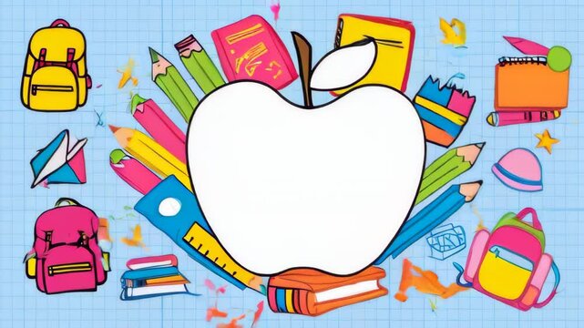 Back to school copy space blank apple in the middle and various colorful school supplies like backpacks, books, pencils against blue grid paper background. Welcome back to schoo