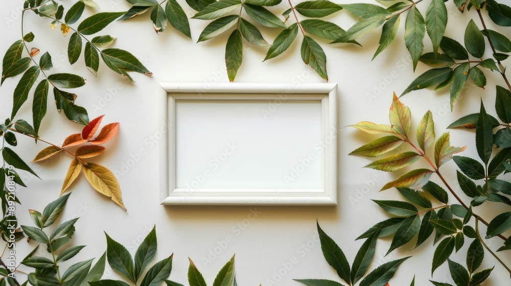 Poster leaves of the rowan tree and empty picture frame on a white backdrop